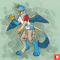 Size: 1500x1500 | Tagged: safe, artist:keetah-spacecat, imported from derpibooru, gallus, anthro, griffon, happy, human to griffon, male, patreon, patreon logo, patreon reward, transformation