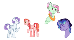 Size: 2736x1484 | Tagged: safe, artist:musicbetmlp, imported from derpibooru, oc, oc only, earth pony, pegasus, pony, unicorn, earth pony oc, horn, magical lesbian spawn, offspring, parent:big macintosh, parent:fluttershy, parent:pinkie pie, parent:rainbow dash, parent:rarity, parent:soarin', parents:flutterdash, parents:pinkiemac, parents:soarity, parents:starluna, pegasus oc, simple background, unicorn oc, white background, wings