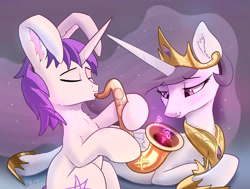 Size: 5180x3908 | Tagged: safe, artist:xbi, imported from derpibooru, princess celestia, oc, oc:lapush buns, alicorn, pony, unicorn, princess molestia, bunnycorn, female, jewelry, listening, male, mare, music, musical instrument, notes, playing instrument, prone, regalia, saxophone, sitting, stallion