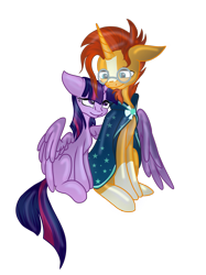 Size: 1321x1762 | Tagged: safe, alternate version, artist:mysteriousshine, imported from derpibooru, sunburst, twilight sparkle, alicorn, pony, unicorn, background removed, cape, clothes, female, glasses, hug, male, mare, shipping, simple background, sitting, smiling, stallion, straight, transparent background, twiburst, twilight sparkle (alicorn), winghug