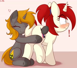 Size: 3732x3272 | Tagged: safe, artist:an-tonio, imported from derpibooru, oc, oc only, oc:nuclear fusion, oc:silver draw, pony, unicorn, blushing, butt, butt freckles, butt touch, butthug, dock, exclamation point, eyes closed, faceful of ass, female, freckles, heart, hoof on butt, hug, lesbian, mare, oc x oc, plot, raised leg, shipping, shrunken pupils, sitting, smiling, underhoof