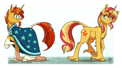 Size: 1024x575 | Tagged: safe, artist:inuhoshi-to-darkpen, artist:parclytaxel, imported from derpibooru, sunburst, sunset shimmer, classical unicorn, pony, unicorn, cape, chest fluff, clothes, cousins, duo, ear fluff, female, glasses, hoof fluff, leonine tail, long feather, looking at each other, looking back, male, mare, robe, stallion, sunburst's cloak, sunburst's glasses, sunburst's robe, sunny siblings, unshorn fetlocks, yellow coat