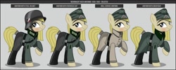 Size: 1280x512 | Tagged: safe, artist:brony-works, imported from derpibooru, oc, oc only, earth pony, pony, boots, clothes, earth pony oc, eyelashes, female, hat, helmet, mare, nazi germany, raised hoof, reference sheet, shoes, smiling, solo, uniform, wehrmacht, world war ii