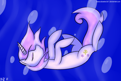 Size: 1500x1000 | Tagged: safe, artist:dizaster321, imported from derpibooru, fleur-de-lis, pony, unicorn, abstract background, eyes closed, female, floating, mare, peril, sinking, solo, underwater