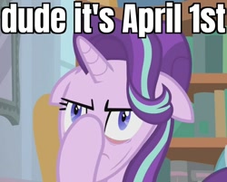 Size: 820x659 | Tagged: safe, edit, edited screencap, imported from derpibooru, screencap, starlight glimmer, pony, unicorn, a horse shoe-in, april fools, bookshelf, caption, cropped, facehoof, faic, female, floppy ears, great moments in animation, image macro, mare, meme, reaction image, solo, text, why the long face