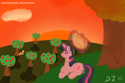 Size: 1640x1080 | Tagged: safe, artist:dizaster321, imported from derpibooru, applejack, twilight sparkle, pony, unicorn, 2011, apple, apple tree, applejack's hat, cowboy hat, hat, hat thief, levitation, magic, sitting, sunset, sweet apple acres, telekinesis, tree