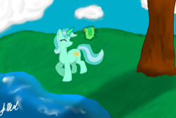 Size: 1500x1000 | Tagged: safe, artist:dizaster321, imported from derpibooru, lyra heartstrings, pony, unicorn, cute, eyes closed, levitation, lyre, magic, musical instrument, telekinesis, tree