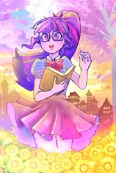 Size: 1000x1500 | Tagged: safe, artist:hobilo, imported from derpibooru, sci-twi, twilight sparkle, equestria girls, equestria girls series, book, building, cherry blossoms, colored pupils, cute, female, flower, flower blossom, open mouth, solo, spring, tree, twiabetes