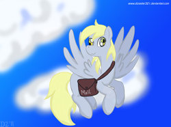 Size: 1320x980 | Tagged: safe, artist:dizaster321, imported from derpibooru, derpy hooves, pony, cloud, female, flying, mailbag, mailmare, mailpony, sky, solo