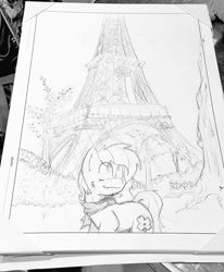 Size: 844x1024 | Tagged: safe, alternate version, artist:lucas_gaxiola, imported from derpibooru, oc, oc only, oc:charmed clover, earth pony, pony, clothes, earth pony oc, eiffel tower, irl, lineart, male, photo, scarf, solo, stallion, traditional art