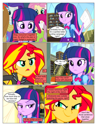 Size: 612x792 | Tagged: safe, artist:greatdinn, artist:newbiespud, edit, edited screencap, imported from derpibooru, screencap, applejack, fluttershy, pinkie pie, rainbow dash, rarity, spike, sunset shimmer, twilight sparkle, dog, comic:friendship is dragons, equestria girls, equestria girls (movie), backpack, book, bookcase, bookshelf, clothes, collaboration, comic, cutie mark, cutie mark on clothes, dialogue, eyes closed, female, grin, humane five, humane six, library, male, scheming, screencap comic, smiling, smirk, spike the dog, thinking