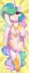 Size: 1638x4096 | Tagged: safe, artist:colorfulcolor233, artist:oofycolorful, imported from derpibooru, princess celestia, alicorn, pony, armpits, body pillow, body pillow design, clothes, cute, cutelestia, cutie mark, cutie mark on clothes, ear fluff, female, hair over one eye, mare, obtrusive watermark, on back, one-piece swimsuit, smiling, solo, swimsuit, watermark