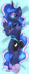 Size: 1638x4096 | Tagged: safe, artist:colorfulcolor233, artist:oofycolorful, imported from derpibooru, princess luna, alicorn, pony, body pillow, body pillow design, both cutie marks, butt, chest fluff, clothes, cute, female, implied tail hole, looking at you, lunabetes, mare, moonbutt, one-piece swimsuit, open-back swimsuit, plot, profile, prone, solo, sunglasses, swimsuit, watermark