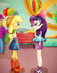 Size: 1484x1920 | Tagged: safe, artist:samyvillaly, imported from derpibooru, applejack, rarity, equestria girls, equestria girls series, rollercoaster of friendship, balloon, equestria land, female, lesbian, rarijack, shipping