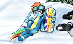 Size: 4096x2441 | Tagged: safe, alternate version, artist:jetwave, imported from derpibooru, rainbow dash, pegasus, pony, art pack:clop for a cause 2, camera, clothes, cute, dashabetes, female, goggles, high res, mare, offscreen character, peace sign, pose, sitting, smiling, snow, snowboard, solo, uniform, wing hands, wing hold, wings, winter, wonderbolts uniform