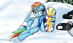 Size: 4096x2441 | Tagged: safe, alternate version, artist:jetwave, imported from derpibooru, rainbow dash, pegasus, pony, art pack:clop for a cause 2, camera, clothes, cute, dashabetes, female, goggles, high res, leotard, mare, offscreen character, peace sign, pose, sitting, smiling, snow, snowboard, solo, swimsuit, swimsuit edit, wing hands, wing hold, wings, winter