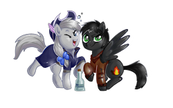 Size: 4000x2500 | Tagged: safe, artist:avui, imported from derpibooru, oc, oc only, oc:unkown, pony, bottle, clothes, couple, drunk, oc name needed, simple background, transparent background