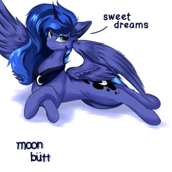 Size: 4096x4096 | Tagged: safe, artist:xxpaw2001xx, imported from derpibooru, princess luna, alicorn, pony, absurd resolution, butt, cute, dialogue, ear fluff, female, hip, lunabetes, mare, moonbutt, simple background, solo, spread wings, white background, wings