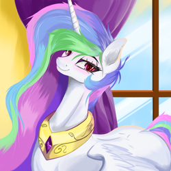 Size: 4096x4096 | Tagged: safe, artist:xxpaw2001xx, imported from derpibooru, princess celestia, alicorn, pony, absurd resolution, cute, cutelestia, ear fluff, female, mare, messy mane, peytral, smiling, solo, window