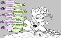 Size: 4320x2655 | Tagged: safe, artist:tallaferroxiv, imported from derpibooru, rarity, spike, twilight sparkle, dragon, pony, unicorn, dungeons and dragons, female, glass, huff, magic, mare, ogres and oubliettes, pencil, solo, telekinesis, text bubbles, wine glass