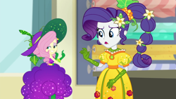 Size: 1920x1080 | Tagged: safe, imported from derpibooru, screencap, fluttershy, rarity, equestria girls, equestria girls series, holidays unwrapped, spoiler:eqg series (season 2), bare shoulders, canterlot high, clothes, cornucopia costumes, dress, duo, duo female, female, gloves, hat, o come all ye squashful, sleeveless, smiling, sun hat