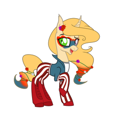 Size: 3024x3216 | Tagged: safe, artist:harmonyharp, imported from derpibooru, oc, oc only, oc:poison joke (ice1517), pony, unicorn, icey-verse, bedroom eyes, boots, clothes, curved horn, eyeshadow, female, flower, flower in hair, gloves, heterochromia, horn, jacket, magical lesbian spawn, makeup, mare, multicolored hair, offspring, open mouth, pants, parent:oc:har-harley queen, parent:oc:poison ivy (ice1517), parents:oc x oc, parents:poisonqueen, raised hoof, shirt, shoes, simple background, solo, t-shirt, transparent background