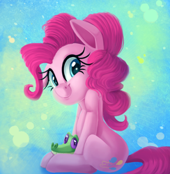 Size: 974x1000 | Tagged: safe, artist:discorded, imported from derpibooru, gummy, pinkie pie, alligator, earth pony, pony, blue background, cute, diapinkes, duo, ear down, female, mare, one ear down, simple background, sitting, smiling