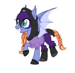 Size: 2856x2760 | Tagged: safe, artist:harmonyharp, imported from derpibooru, oc, oc only, oc:nite-wing, bat pony, pony, icey-verse, bat pony oc, boots, cape, clothes, female, gloves, grin, hoodie, magical lesbian spawn, mare, mask, offspring, pants, parent:oc:barbat gordon, parent:oc:kara krypta, parents:karabat, parents:oc x oc, ponytail, raised hoof, raised leg, shirt, shoes, simple background, smiling, solo, t-shirt, transparent background