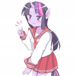 Size: 2048x2048 | Tagged: safe, artist:moh_mlp2, imported from derpibooru, twilight sparkle, anthro, ambiguous facial structure, anime, blushing, clothes, crossover, cute, female, high res, looking at you, lucky star, miniskirt, moe, pleated skirt, sailor uniform, skirt, solo, style emulation, thumbs up, twiabetes, uniform