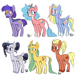 Size: 1280x1280 | Tagged: safe, artist:thebirbdraws, imported from derpibooru, applejack, fluttershy, pinkie pie, rainbow dash, rarity, twilight sparkle, earth pony, pegasus, pony, unicorn, leak, spoiler:g5, applejack (g5 concept leak), applejack (g5), earth pony twilight, female, fluttershy (g5 concept leak), fluttershy (g5), folded wings, g5, g5 concept leak style, g5 concept leaks, hooves, leonine tail, mane six, mane six (g5), mare, pegasus rarity, pinkie pie (g5 concept leak), pinkie pie (g5), rainbow dash (g5 concept leak), rainbow dash (g5), rarity (g5 concept leak), rarity (g5), redesign, simple background, twilight sparkle (g5 concept leak), twilight sparkle (g5), unicorn fluttershy, unicorn pinkie pie, white background, wings