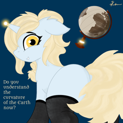 Size: 2300x2300 | Tagged: safe, artist:kotwitz, imported from derpibooru, oc, oc only, oc:aria taitava, pony, unicorn, abstract background, blonde, braid, butt, clothes, eye contact, flat earth, globe, looking at each other, looking at you, magic, plot, smiling, solo, stockings, text, thigh highs