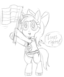 Size: 450x543 | Tagged: dead source, safe, artist:buttercupsaiyan, artist:watercolorheart, imported from derpibooru, oc, oc only, oc:filly anon, 4chan, clothes, concept art, doodle, drama, female, filly, flag, flame war, mlpg, politics, pride, pride flag, shirt, simple background, sketch, solo, t-shirt, trans rights, white background, zone