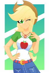 Size: 2136x3168 | Tagged: safe, artist:xan-gelx, imported from derpibooru, applejack, equestria girls, commission, cowboy hat, female, geode of super strength, hat, high res, magical geodes, one eye closed, solo, wink, winking at you