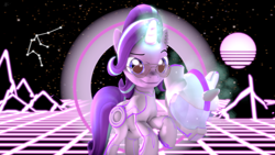 Size: 3840x2160 | Tagged: safe, artist:alicorntwilysparkle, imported from derpibooru, starlight glimmer, pony, unicorn, 3d, bodysuit, female, glasses, helmet, levitation, magic, retrowave, solo, source filmmaker, telekinesis, tron