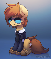 Size: 1130x1300 | Tagged: safe, artist:sharemyshipment, imported from derpibooru, oc, oc only, oc:lionheart, earth pony, pony, aviator sunglasses, aviators, gradient background, grumpy, male, necktie, simple background, sitting, stallion, sunglasses