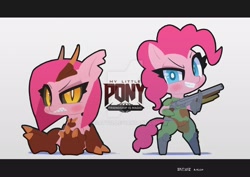 Size: 1920x1358 | Tagged: safe, artist:satv12, imported from derpibooru, pinkie pie, anthro, unguligrade anthro, armor, blushing, chibi, deviantart watermark, doom, doom eternal, double barreled shotgun, duality, female, gritted teeth, gun, looking at you, mare, obtrusive watermark, pinkamena diane pie, shotgun, sitting, watermark, weapon