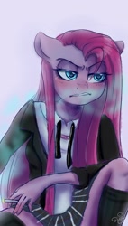 Size: 1280x2261 | Tagged: safe, alternate version, artist:wimsie, imported from derpibooru, pinkie pie, anthro, anime style, cigarette, clothes, female, miniskirt, pinkamena diane pie, plaid skirt, skirt, smoking, socks, solo