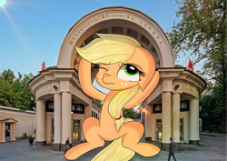 Size: 3508x2480 | Tagged: safe, artist:janelearts, imported from derpibooru, applejack, earth pony, human, pony, building, cyrillic, giant pony, irl, macro, one eye closed, photo, ponies in real life, russian, sky, tree