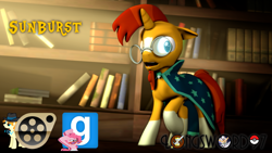 Size: 1280x720 | Tagged: safe, artist:longsword97, imported from derpibooru, pinkie pie, somnambula, sunburst, earth pony, pegasus, pony, unicorn, 3d, beard, book, bookshelf, cape, clothes, facial hair, female, glasses, gmod, looking at you, male, mare, poké ball, pokéball, pokémon, shocked, solo focus, source filmmaker, stallion