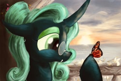 Size: 1800x1200 | Tagged: source needed, safe, artist:eris azure, idw, imported from derpibooru, queen chrysalis, butterfly, changeling, changeling queen, pony, balcony, colored, comic, cute, cutealis, eyebrows, eyeshadow, fangs, female, flower, glassalys, glasses, green eyes, green mane, horn, jewelry, makeup, mane, mirror universe, ocean, regalia, reversalis, scenery, smiling, solo, sunset