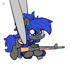 Size: 2400x2560 | Tagged: safe, artist:kimjoman, artist:php142, imported from derpibooru, oc, oc only, oc:dream vezpyre, oc:dream², pony, assault rifle, bag, clothes, cute, gun, holding a pony, hoodie, m16, ocbetes, ponytail, redraw, rifle, saddle bag, small pony, smiling, smol, tiny, tiny ponies, tweezers, watch, weapon