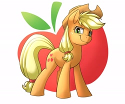 Size: 2048x1706 | Tagged: safe, artist:kaylerustone, imported from derpibooru, applejack, earth pony, pony, apple, cowboy hat, cutie mark background, female, food, hat, mare, solo