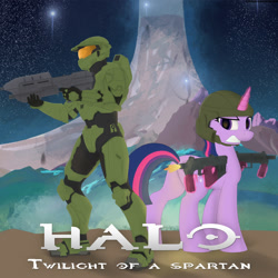 Size: 2000x2000 | Tagged: safe, artist:str1ker878, imported from derpibooru, twilight sparkle, alicorn, pony, glowing horn, gun, halo (series), halo array, horn, magic, master chief, submachinegun, telekinesis, twilight sparkle (alicorn), weapon