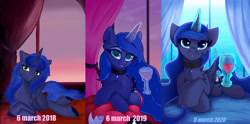 Size: 4280x2126 | Tagged: safe, artist:shadowreindeer, imported from derpibooru, princess luna, alicorn, pony, art evolution, choker, crossed hooves, ear piercing, female, looking at you, mare, piercing, prone, redraw, smiling, solo, window