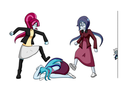 Size: 1280x882 | Tagged: safe, artist:jake heritagu, imported from derpibooru, sonata dusk, oc, oc:dolly dusk, oc:melody charm, oc:silent hill, oc:throw away, comic:aria's archives, equestria girls, beaten up, boots, clothes, jack the ripper, offspring, parent:chancellor neighsay, parent:sonata dusk, parents:neighsaynota, shoes