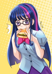 Size: 1600x2263 | Tagged: safe, artist:love2eategg, imported from derpibooru, kotobukiya, twilight sparkle, human, anime, burger, clothes, cute, digital art, eating, female, food, glasses, human coloration, humanized, i can't believe it's not sci-twi, kotobukiya twilight sparkle, meganekko, twilight burgkle, twilight sparkle (alicorn), twilight's professional glasses