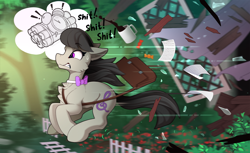 Size: 2500x1528 | Tagged: safe, artist:yakovlev-vad, imported from derpibooru, octavia melody, earth pony, pony, bow, chest fluff, coffee, coffee mug, dynamite, explosives, female, late, mare, mug, pictogram, property damage, remake, running late, satchel, slim, solo, thought bubble, vulgar