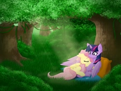 Size: 1920x1440 | Tagged: safe, artist:hrukii, artist:navokin, imported from derpibooru, fluttershy, twilight sparkle, alicorn, pegasus, pony, cheek fluff, crepuscular rays, cuddling, duo, duo female, ear fluff, eyes closed, female, forest, hug, lesbian, mare, outdoors, pillow, shipping, sleeping, three quarter view, tree, twilight sparkle (alicorn), twishy, under the tree