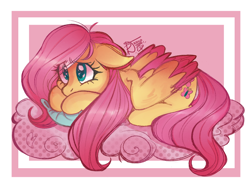 Size: 1024x768 | Tagged: safe, artist:glamourcoffee, imported from derpibooru, fluttershy, pegasus, pony, abstract background, cloud, colored ears, colored wings, colored wingtips, cute, eye clipping through hair, female, floppy ears, folded wings, mare, on a cloud, pillow, prone, shyabetes, signature, solo, starry eyes, three quarter view, two toned wings, wingding eyes, wings