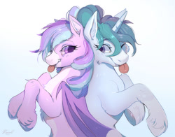 Size: 1100x864 | Tagged: safe, artist:renciel, imported from derpibooru, oc, oc only, bat pony, pony, unicorn, :p, bat pony oc, cheek fluff, chest fluff, duo, pale belly, tongue out, unshorn fetlocks